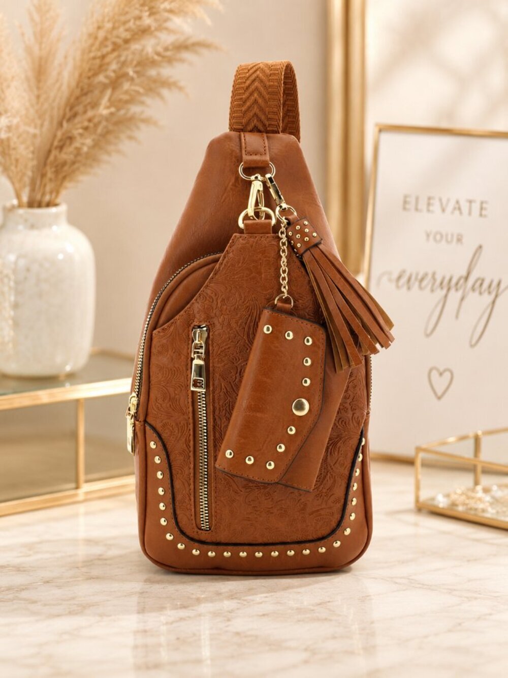NWOT Sam & Hadley Tooled Sling with Clip-On Pouch